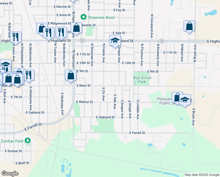 map of restaurants, bars, coffee shops, grocery stores, and more near 119 South Center Street in Shawnee