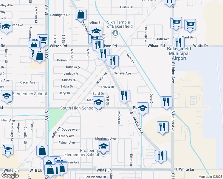 map of restaurants, bars, coffee shops, grocery stores, and more near 829 Sylvia Drive in Bakersfield