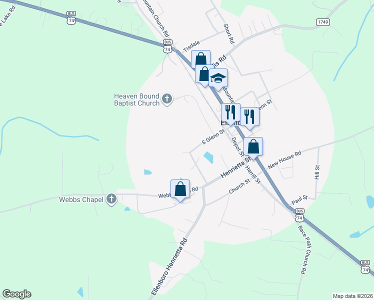 map of restaurants, bars, coffee shops, grocery stores, and more near 242 South Glenn Street in Ellenboro