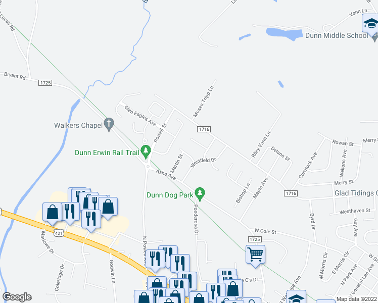 map of restaurants, bars, coffee shops, grocery stores, and more near 106 Poppy Street in Dunn