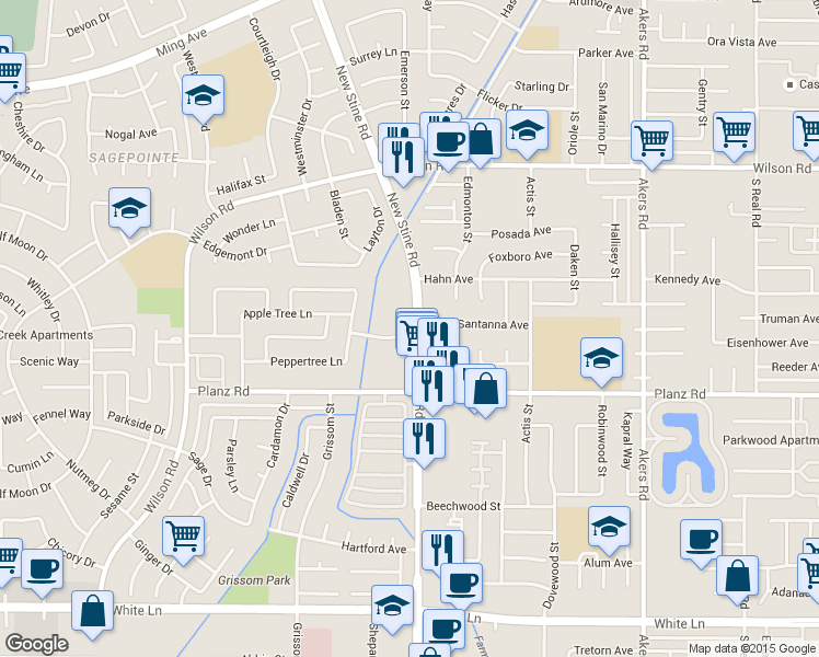 map of restaurants, bars, coffee shops, grocery stores, and more near in Bakersfield