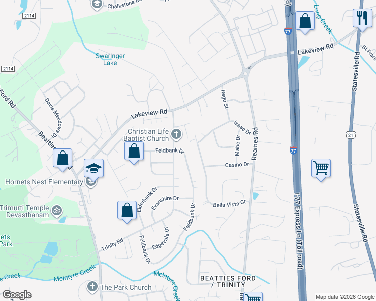 map of restaurants, bars, coffee shops, grocery stores, and more near 9801 Feldbank Drive in Charlotte