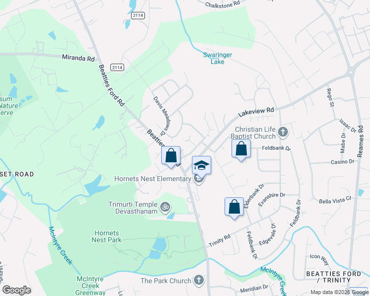 map of restaurants, bars, coffee shops, grocery stores, and more near 6814 Flaxseed Lane in Charlotte