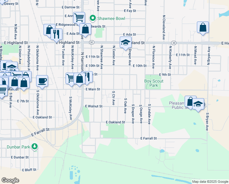map of restaurants, bars, coffee shops, grocery stores, and more near 119 South Center Street in Shawnee