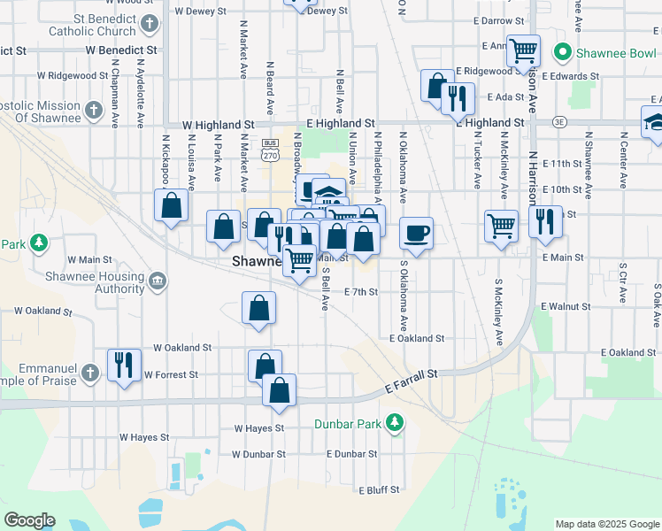 map of restaurants, bars, coffee shops, grocery stores, and more near 121 South Bell Avenue in Shawnee