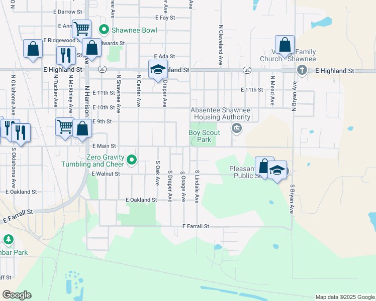 map of restaurants, bars, coffee shops, grocery stores, and more near 1329 East Main Street in Shawnee