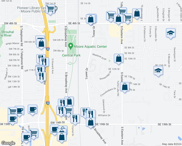 map of restaurants, bars, coffee shops, grocery stores, and more near 320 Falling Leaf Terrace in Moore