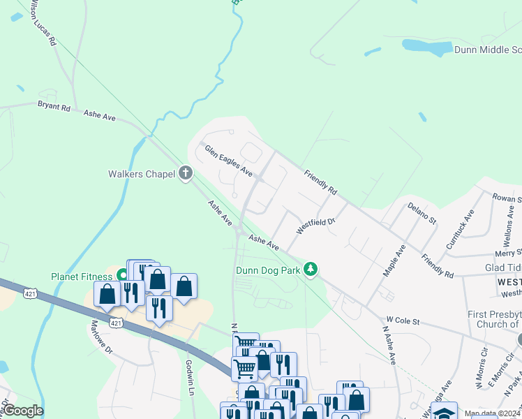 map of restaurants, bars, coffee shops, grocery stores, and more near 109 Beaufort Circle in Dunn