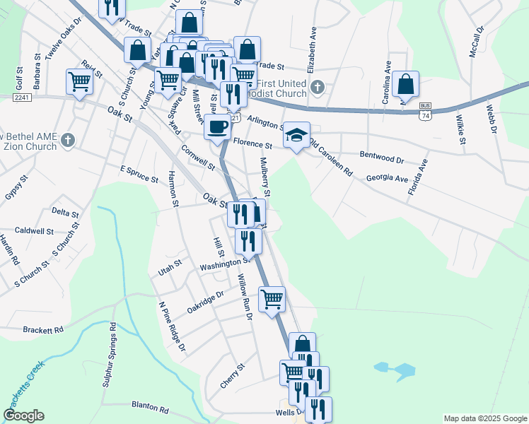 map of restaurants, bars, coffee shops, grocery stores, and more near 365 South Broadway Street in Forest City