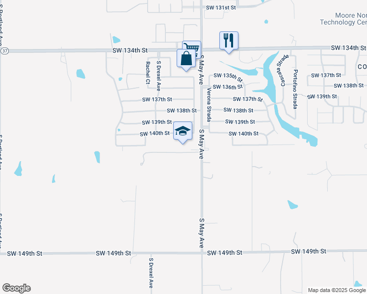 map of restaurants, bars, coffee shops, grocery stores, and more near 14025 South May Avenue in Oklahoma City