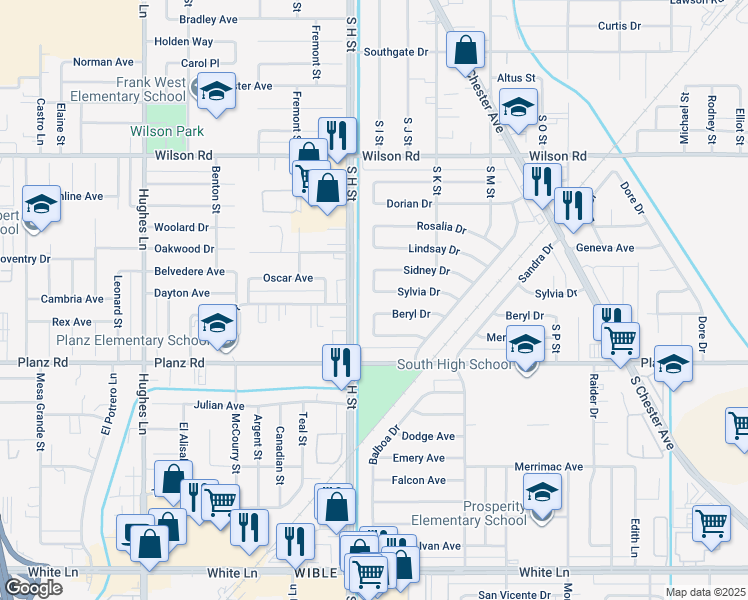 map of restaurants, bars, coffee shops, grocery stores, and more near 1601 Sylvia Drive in Bakersfield