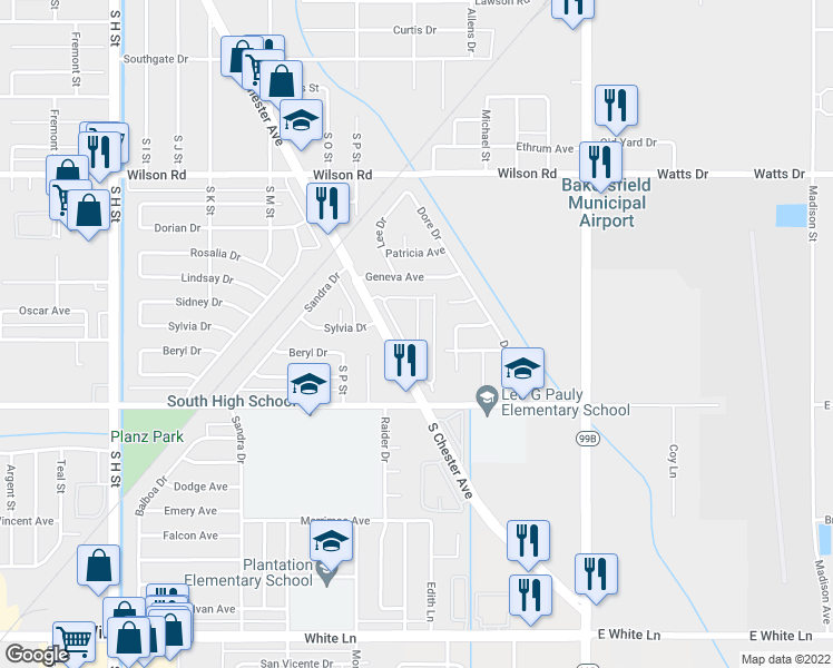 map of restaurants, bars, coffee shops, grocery stores, and more near 3000 South Chester Avenue in Bakersfield