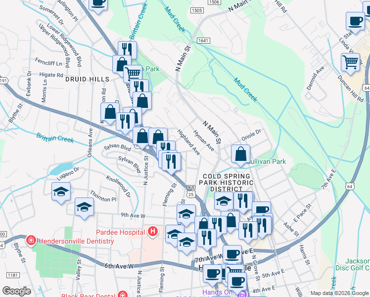 map of restaurants, bars, coffee shops, grocery stores, and more near 1225 Highland Avenue in Hendersonville