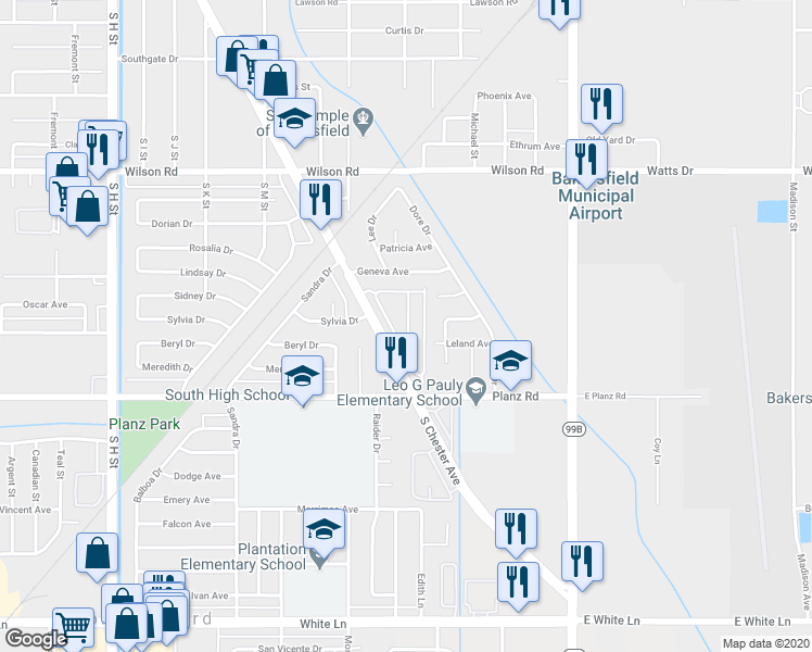 map of restaurants, bars, coffee shops, grocery stores, and more near 3000 South Chester Avenue in Bakersfield