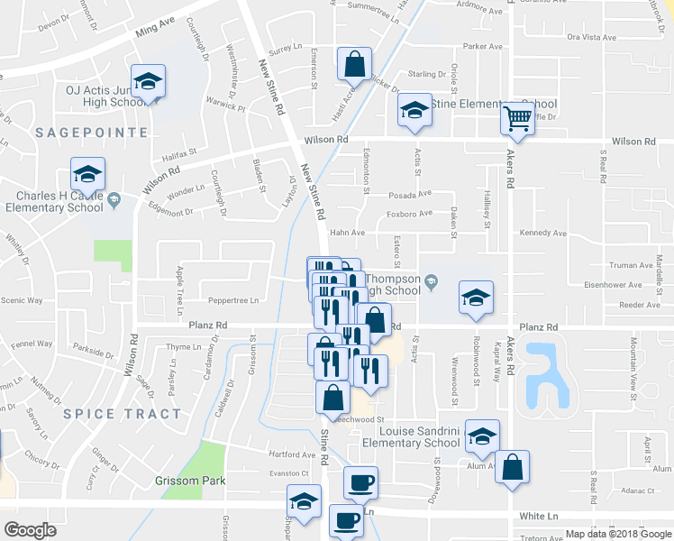 map of restaurants, bars, coffee shops, grocery stores, and more near in Bakersfield