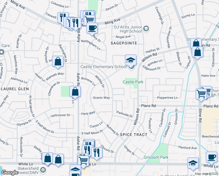 map of restaurants, bars, coffee shops, grocery stores, and more near 3109 North Half Moon Drive in Bakersfield