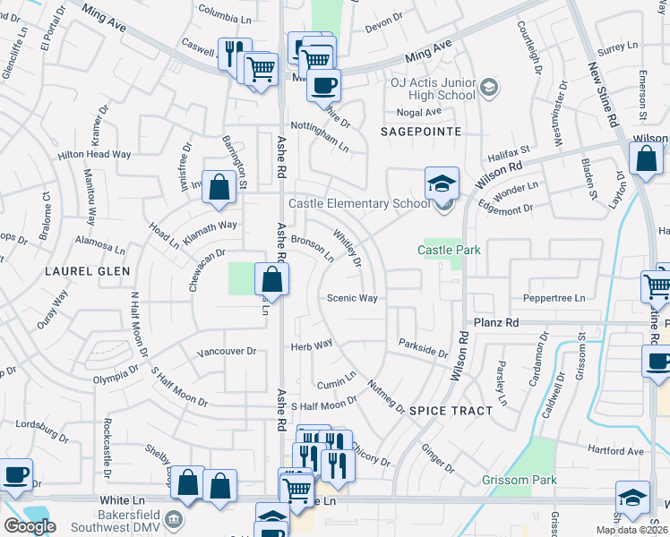 map of restaurants, bars, coffee shops, grocery stores, and more near 6209 Whitley Court in Bakersfield