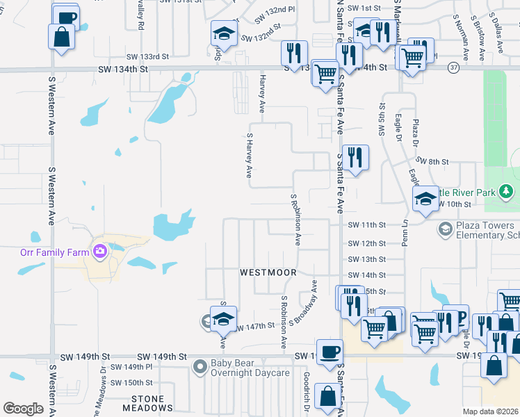 map of restaurants, bars, coffee shops, grocery stores, and more near 228 Southwest 141st Street in Oklahoma City