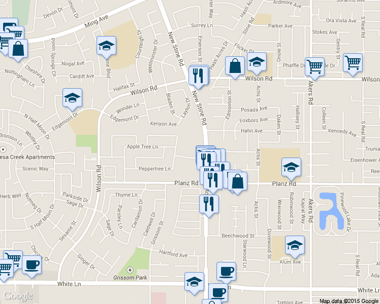 map of restaurants, bars, coffee shops, grocery stores, and more near 5100 Appleblossom Drive in Bakersfield