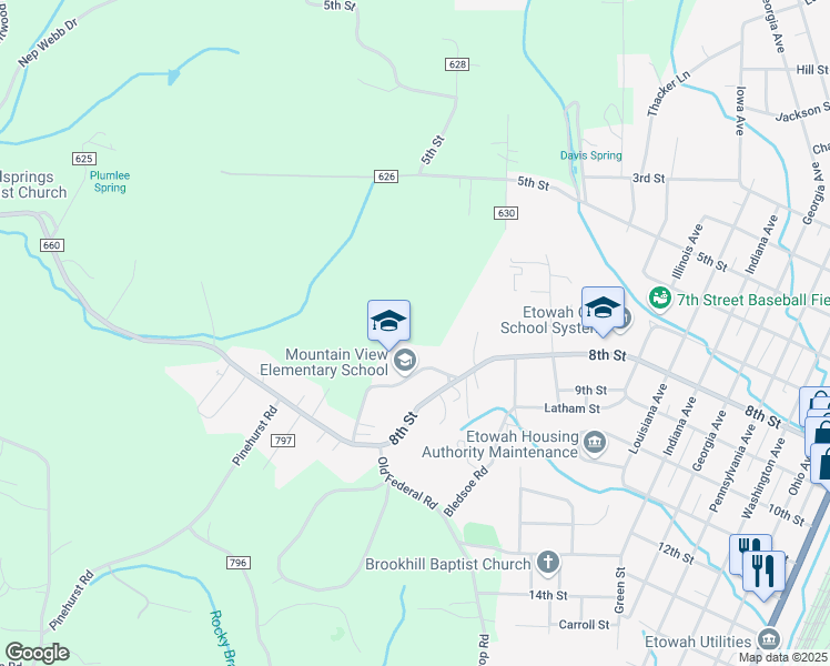 map of restaurants, bars, coffee shops, grocery stores, and more near 145 County Road 627 in Etowah