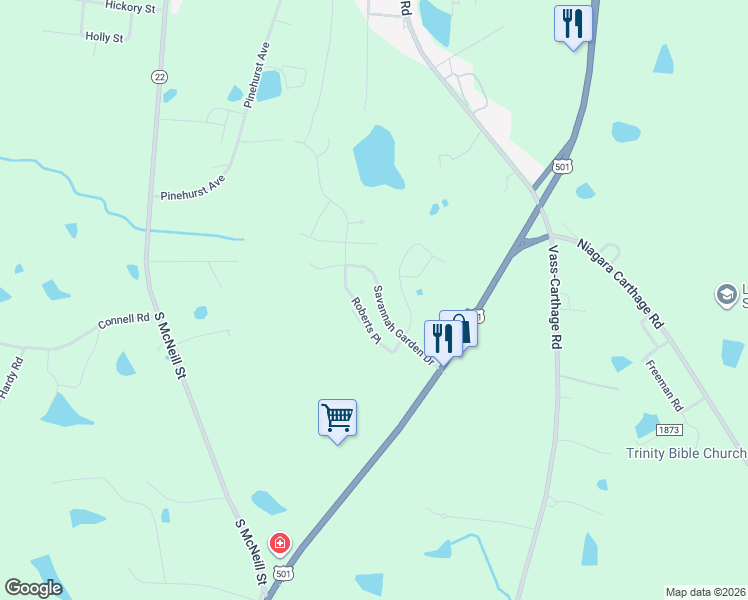 map of restaurants, bars, coffee shops, grocery stores, and more near 232 Savannah Garden Drive in Carthage