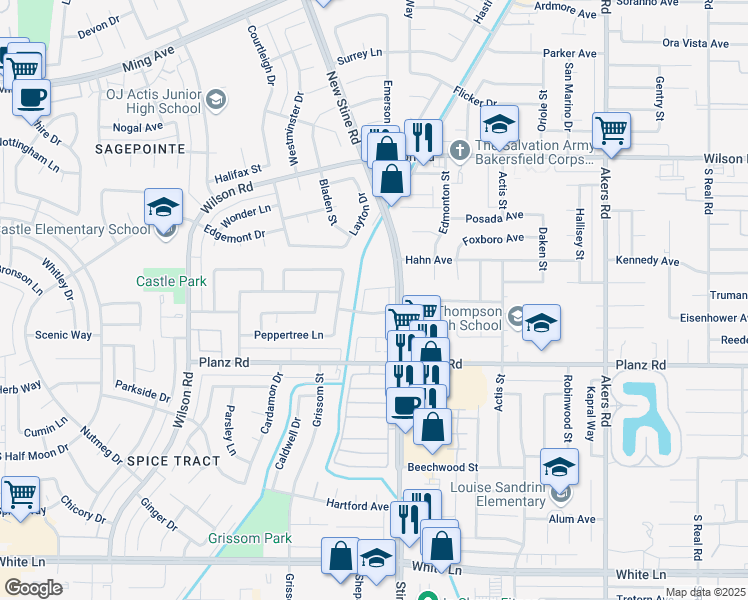 map of restaurants, bars, coffee shops, grocery stores, and more near 5100 Appleblossom Drive in Bakersfield