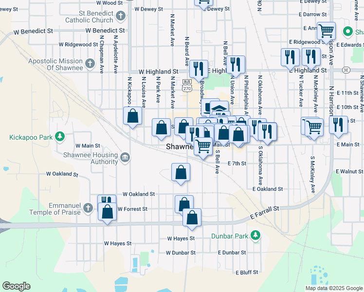 map of restaurants, bars, coffee shops, grocery stores, and more near in Shawnee