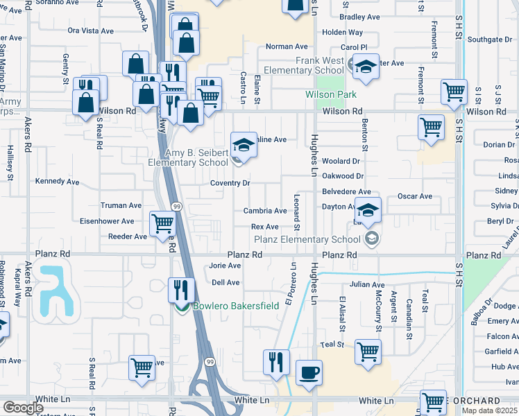 map of restaurants, bars, coffee shops, grocery stores, and more near 2908 Belhaven Street in Bakersfield