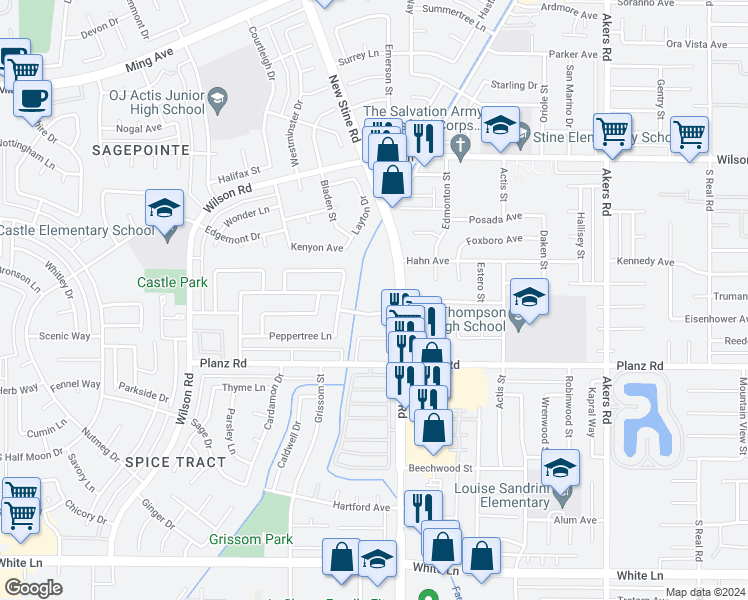 map of restaurants, bars, coffee shops, grocery stores, and more near 5100 Appleblossom Drive in Bakersfield