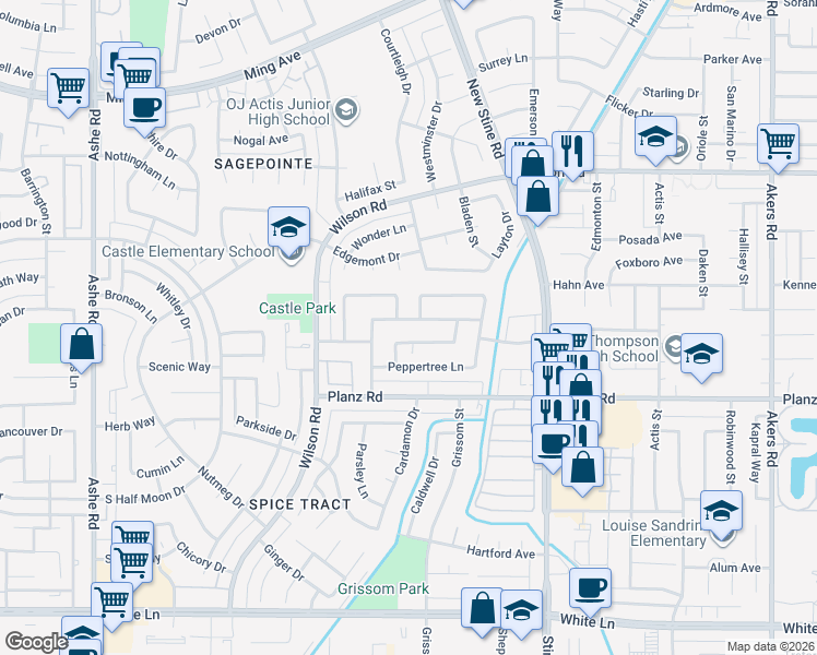 map of restaurants, bars, coffee shops, grocery stores, and more near 2904 Cedarwood Drive in Bakersfield
