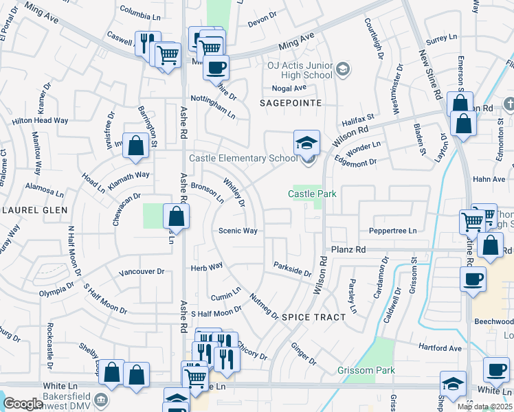 map of restaurants, bars, coffee shops, grocery stores, and more near 3005 North Half Moon Drive in Bakersfield