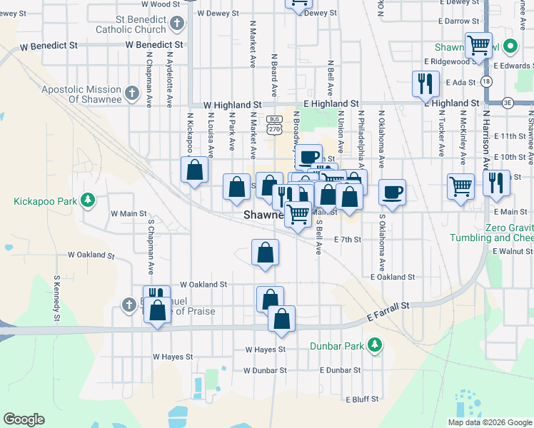 map of restaurants, bars, coffee shops, grocery stores, and more near in Shawnee