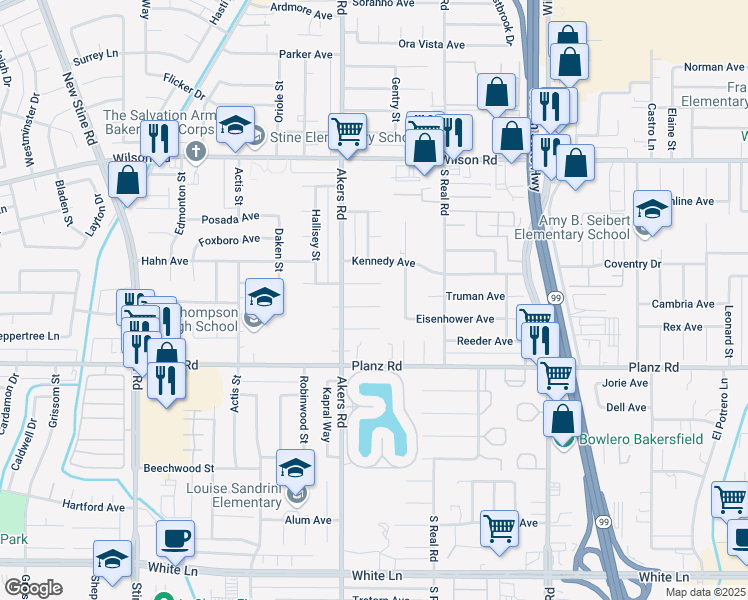 map of restaurants, bars, coffee shops, grocery stores, and more near 3718 Lillian Way in Bakersfield