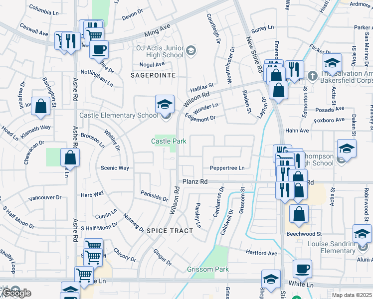 map of restaurants, bars, coffee shops, grocery stores, and more near 3046 Cedarwood Drive in Bakersfield