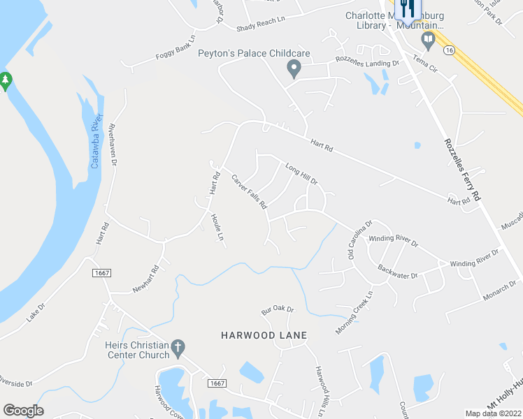 map of restaurants, bars, coffee shops, grocery stores, and more near 10502 Carver Falls Road in Charlotte