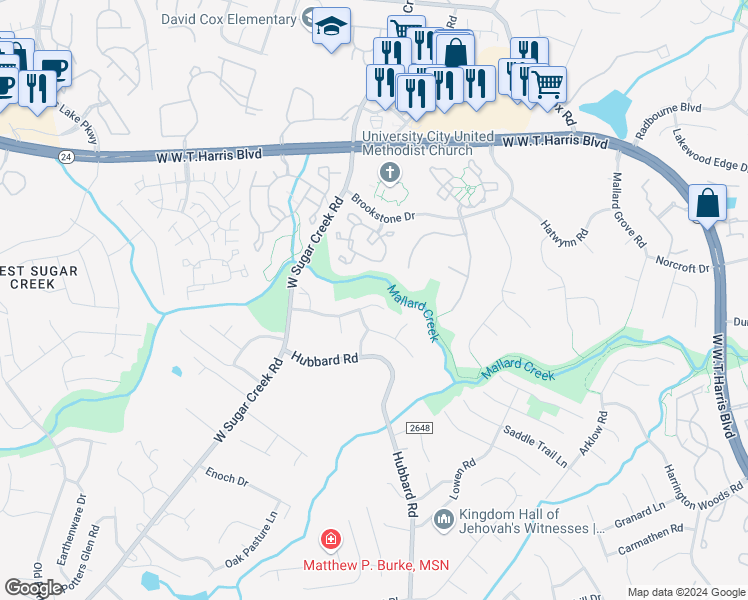 map of restaurants, bars, coffee shops, grocery stores, and more near 4318 Hubbard Falls Drive in Charlotte