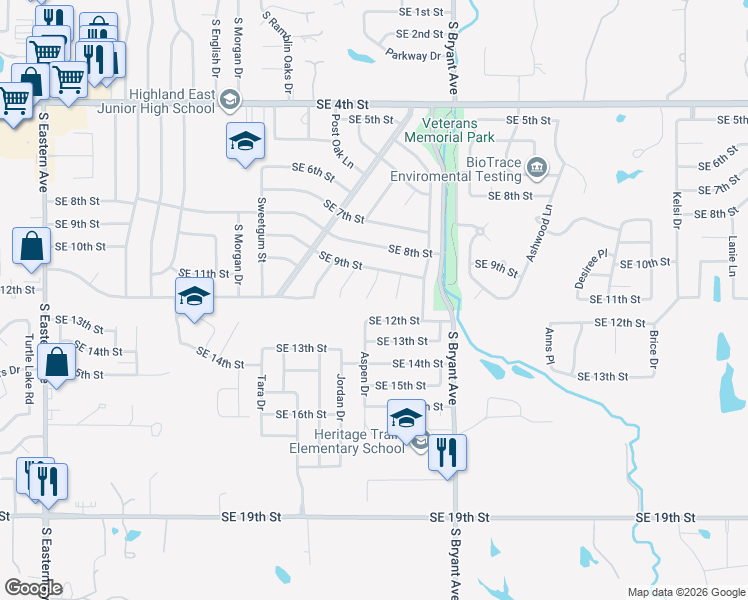 map of restaurants, bars, coffee shops, grocery stores, and more near 1104 Aspen Court in Moore