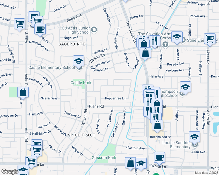 map of restaurants, bars, coffee shops, grocery stores, and more near 5411 Appletree Lane in Bakersfield