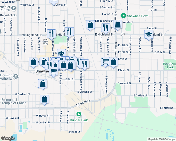 map of restaurants, bars, coffee shops, grocery stores, and more near in Shawnee