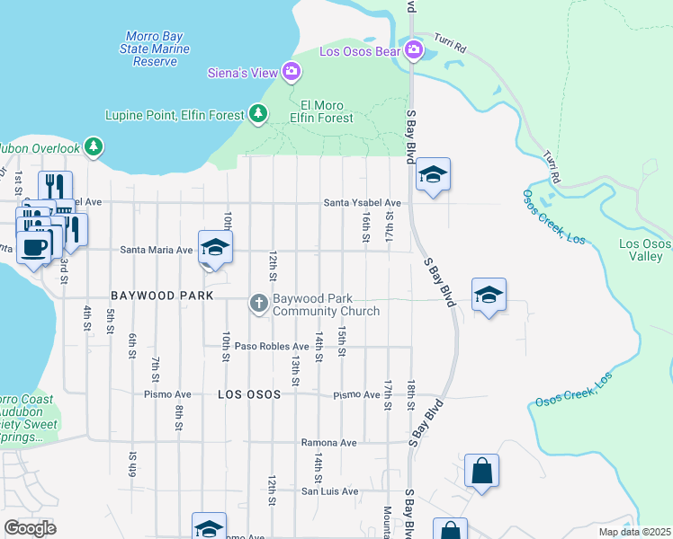 map of restaurants, bars, coffee shops, grocery stores, and more near 1335 15th Street in Baywood-Los Osos