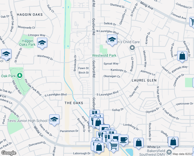 map of restaurants, bars, coffee shops, grocery stores, and more near 3001 Victoria Way in Bakersfield