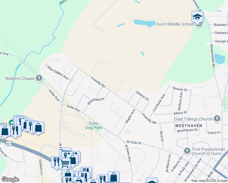 map of restaurants, bars, coffee shops, grocery stores, and more near 311 Westfield Drive in Dunn