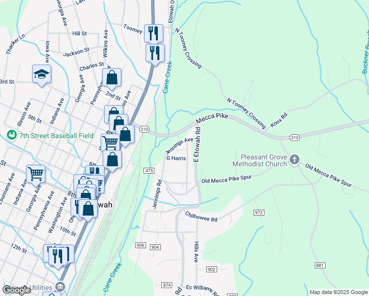 map of restaurants, bars, coffee shops, grocery stores, and more near 106 Jennings Avenue in Etowah