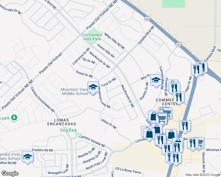 map of restaurants, bars, coffee shops, grocery stores, and more near 7405 Branco Drive Northeast in Rio Rancho