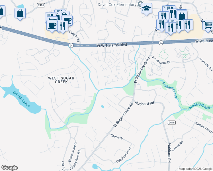 map of restaurants, bars, coffee shops, grocery stores, and more near 6079 Cougar Lane in Charlotte