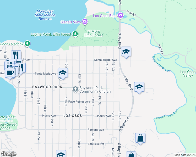 map of restaurants, bars, coffee shops, grocery stores, and more near 1335 15th Street in Baywood-Los Osos
