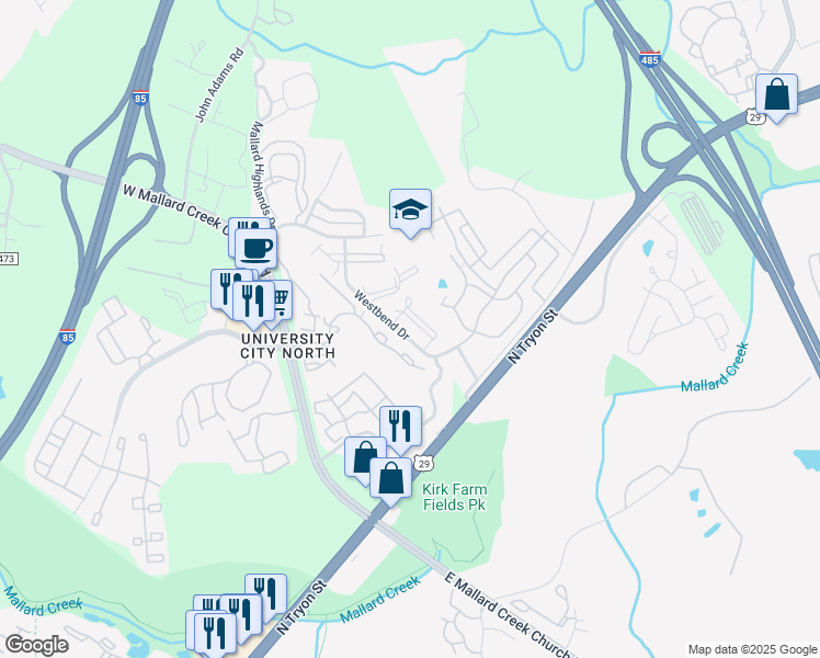 map of restaurants, bars, coffee shops, grocery stores, and more near 10657 Hill Point Court in Charlotte