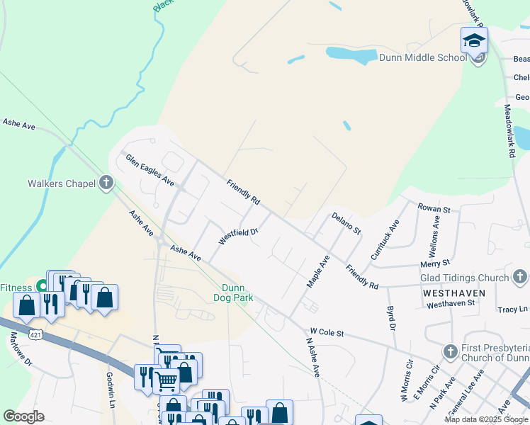 map of restaurants, bars, coffee shops, grocery stores, and more near 311 Westfield Drive in Dunn