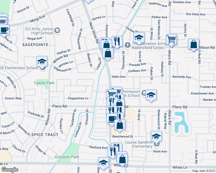 map of restaurants, bars, coffee shops, grocery stores, and more near 4809 Hahn Avenue in Bakersfield