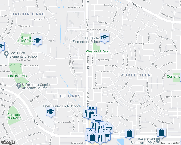 map of restaurants, bars, coffee shops, grocery stores, and more near 3001 Victoria Way in Bakersfield